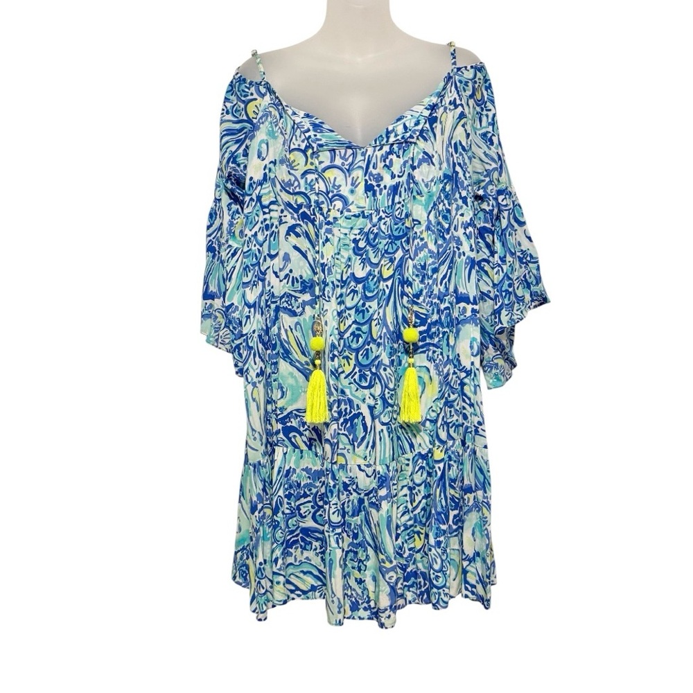 Lilly Pulitzer Cold Shoulder Mini Swing Dress w/ Yellow Accents, Yellow Tassels - Picture 2 of 6